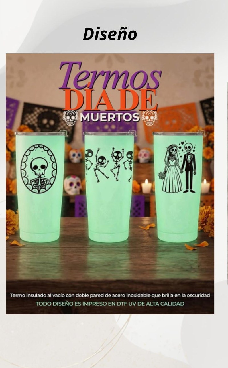 Termo Día de Muertos que brilla en la oscuridad