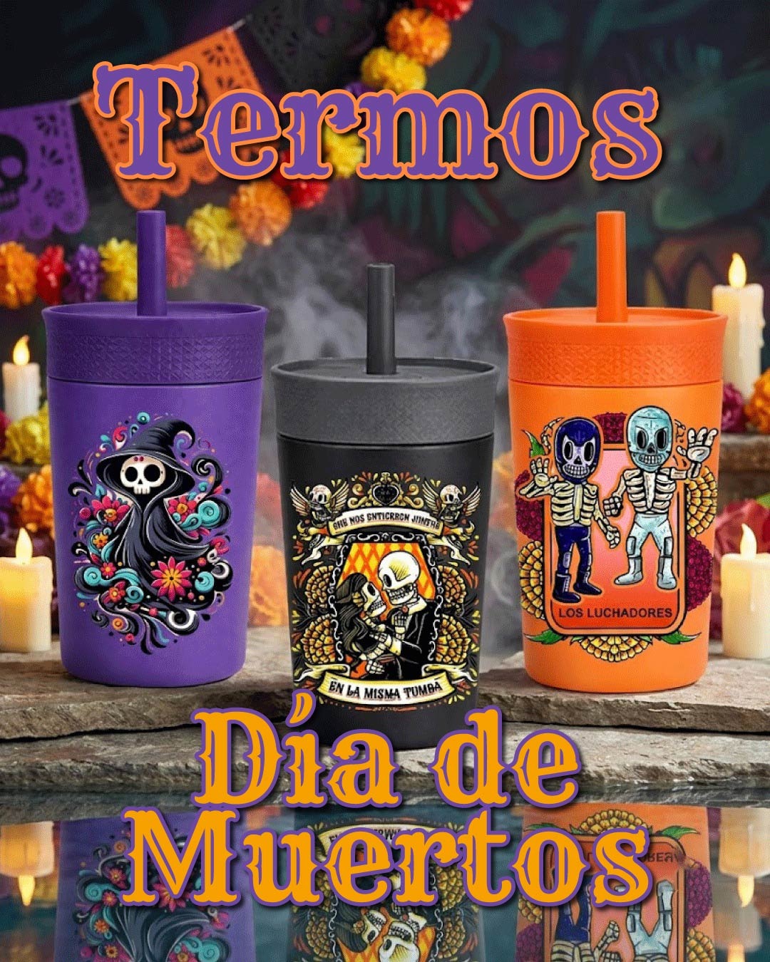 Termo Día de Muertos con popote