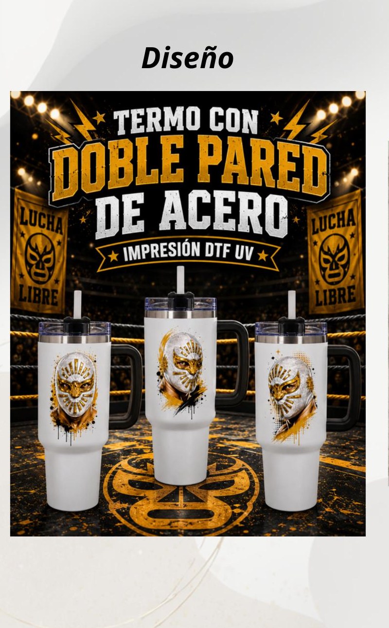 Termo doble pared Lucha Libre dorado